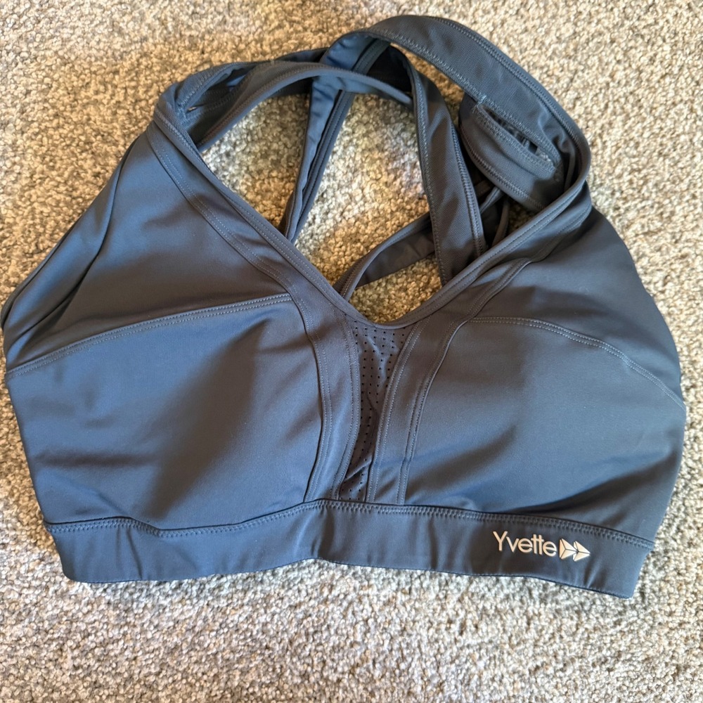 Yvette High Impact Sports Bra‎ Gray Criss Cross Back Size 8 D-F High Support